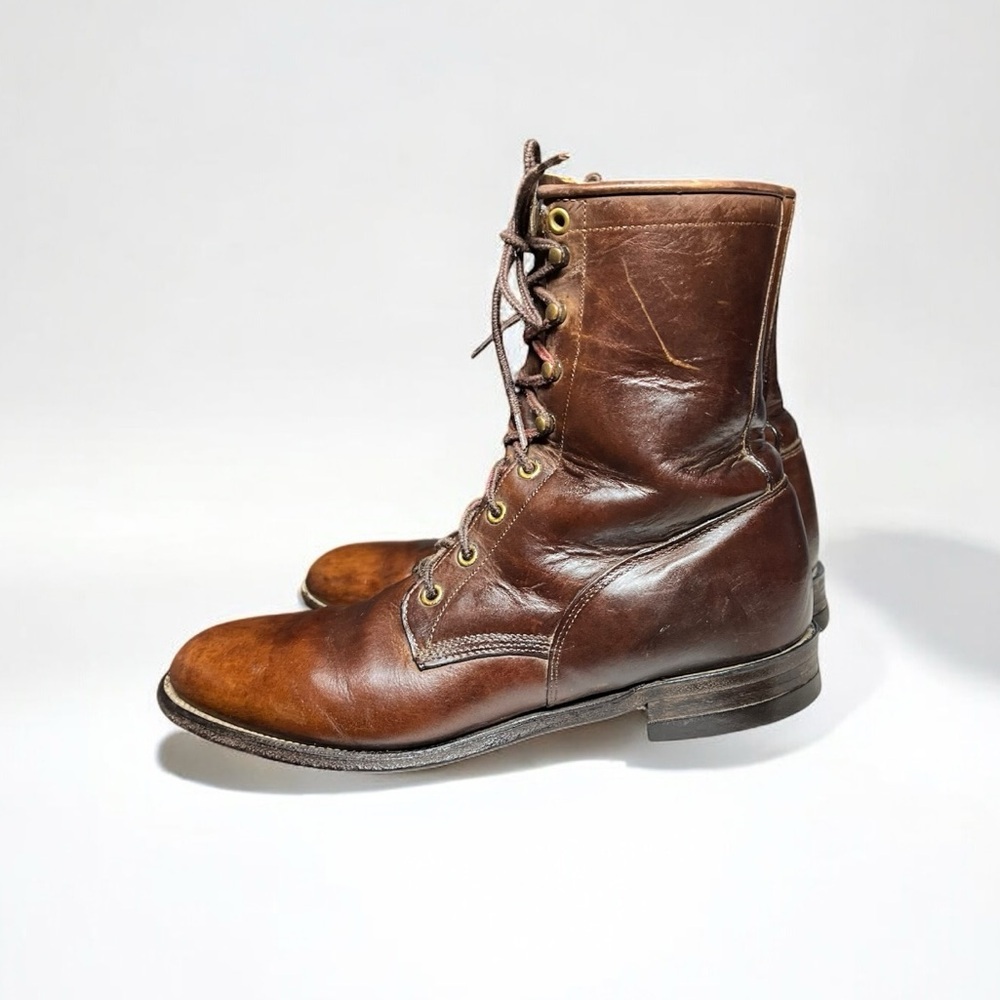 🌻VINTAGE Justin Brown Leather Roper Lace-Up Cowboy Boots Men's 9 Womens 10-10.5